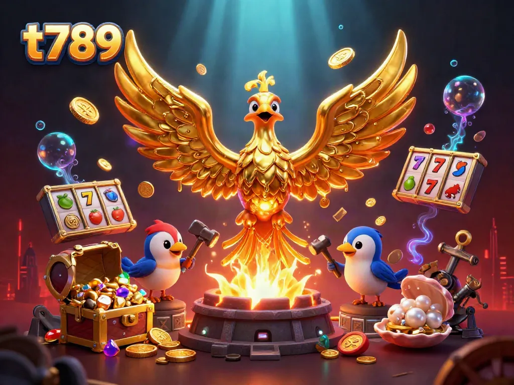 Experience the thrilling world of t789's online gambling, showcasing vibrant slots and a molten phoenix.