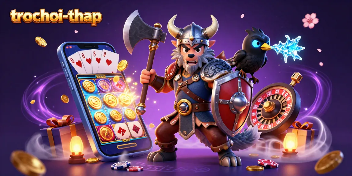 Experience thrilling gameplay in trochoi-thap with Viking warrior and dragon in a vibrant casino scene.