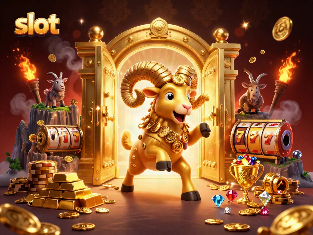 Menangkan jackpot slot dengan ram emas menawan yang siap menyerang, dikelilingi tumpukan harta karun yang bersinar.