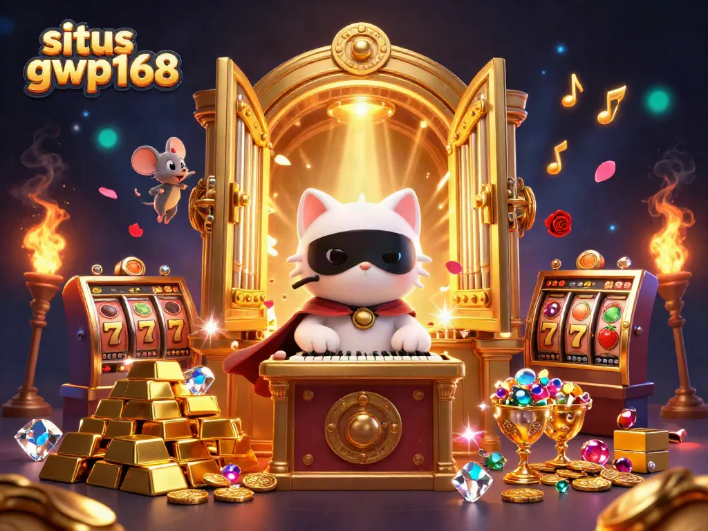 Ilustrasi 3D situs gwp168 di kasino dengan kucing putih misterius dan mouse akrobat di tengah harta karun.
