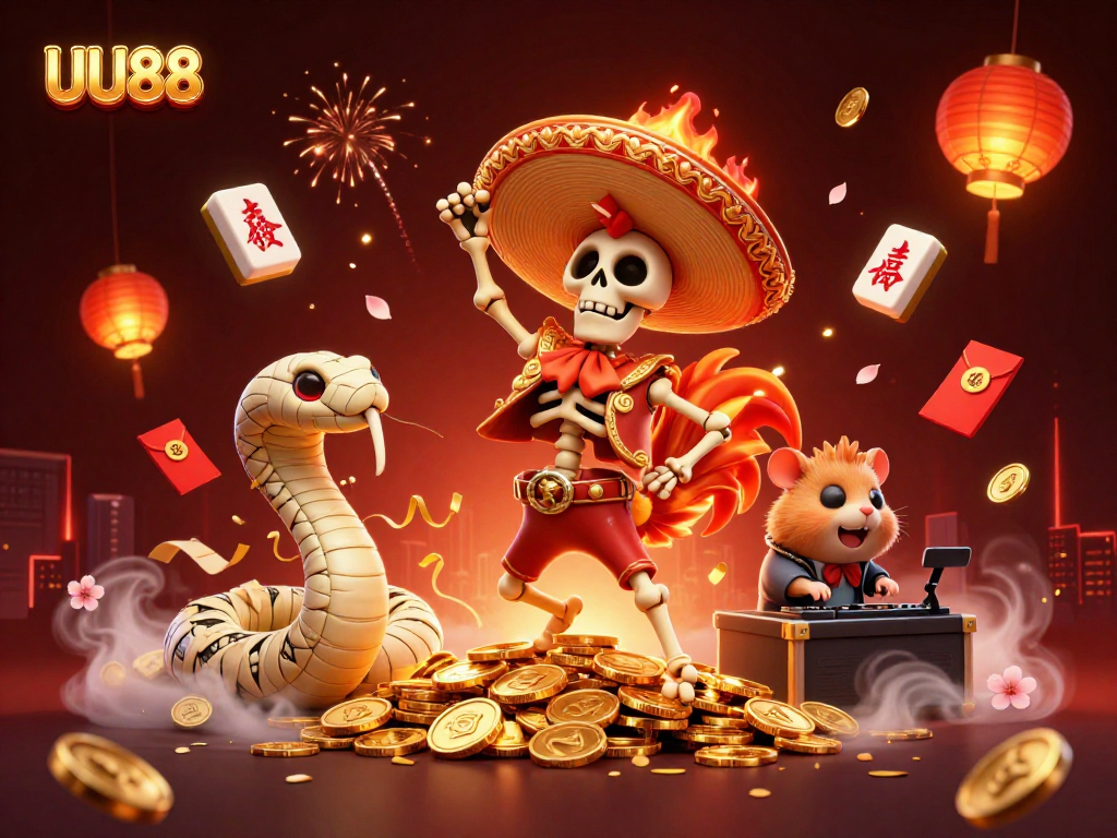 Experience the thrill of UU88 with a lively, vibrant 3D cartoon casino illustration full of action.