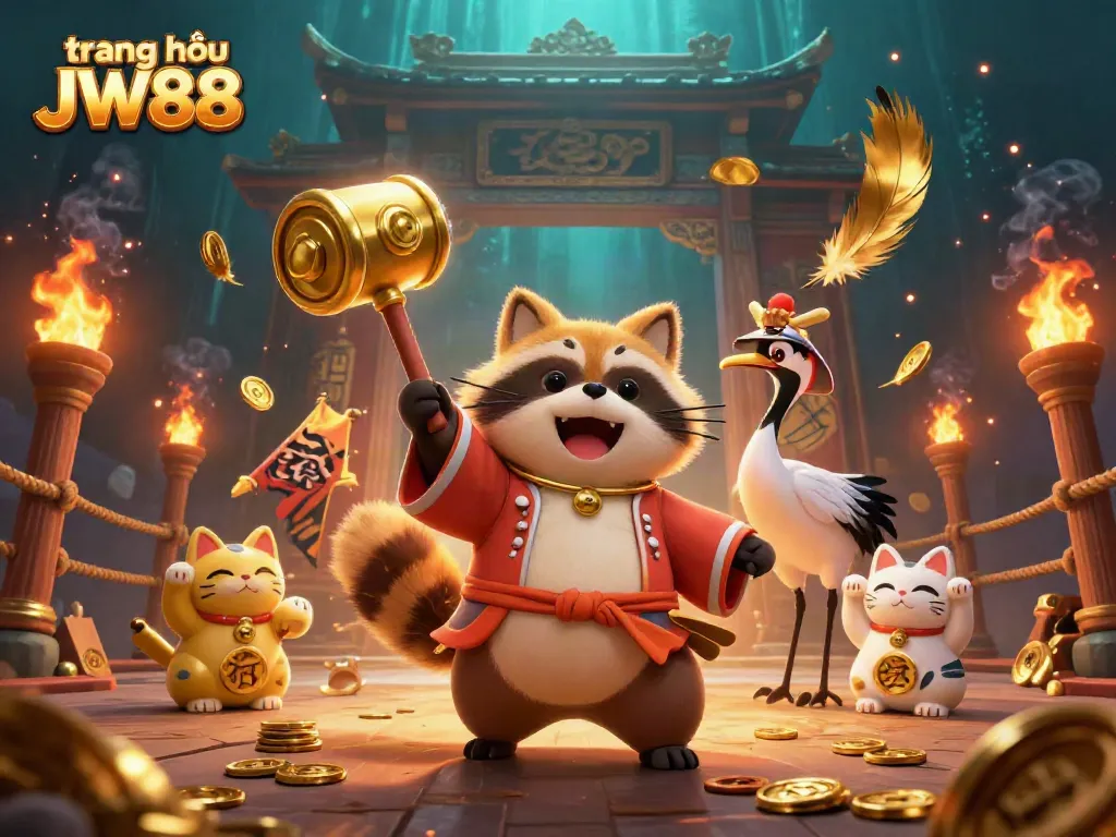 Experience the vibrant action of the trang chủ JW88 casino with animated characters and golden elements.