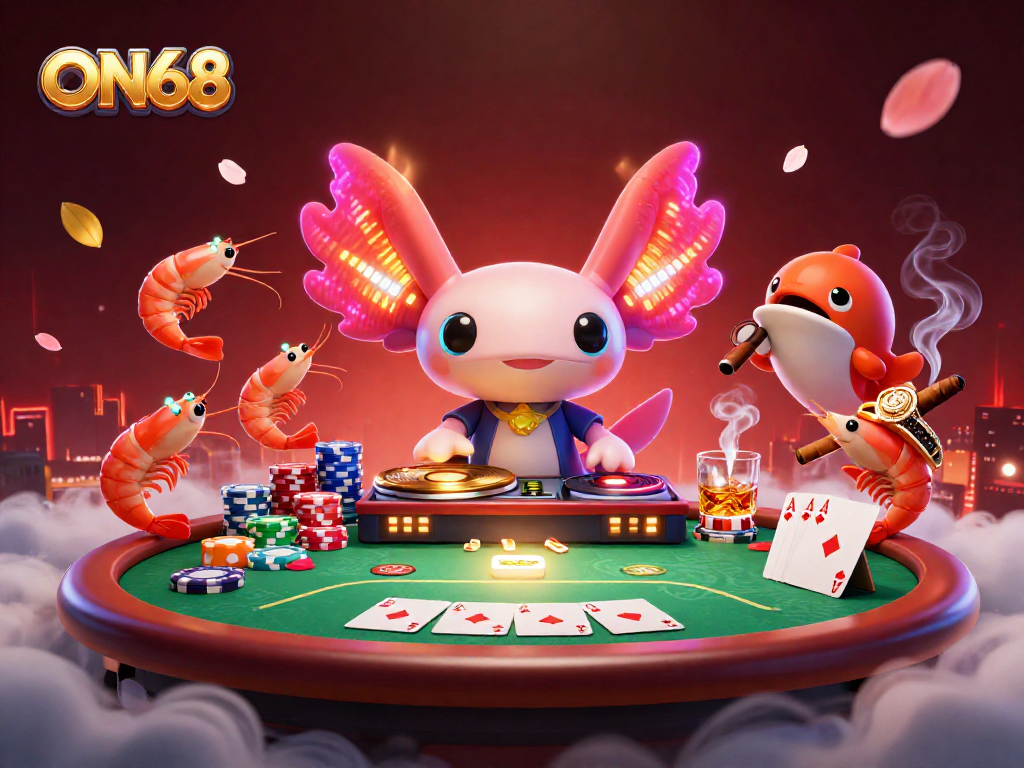 Experience the excitement at ON68 with a neon axolotl DJ celebrating diverse gaming options.