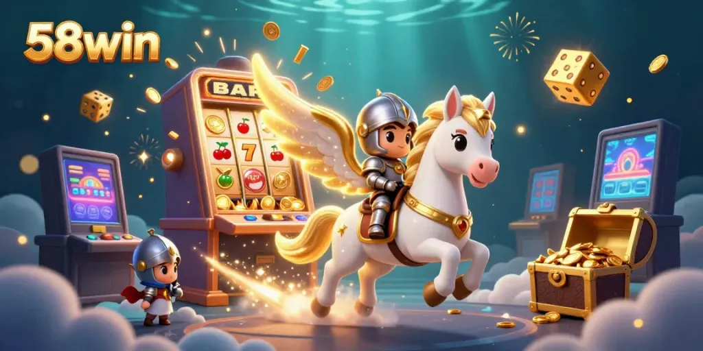 Experience thrilling gaming action at 58win with a dynamic casino illustration featuring a slot machine jackpot.