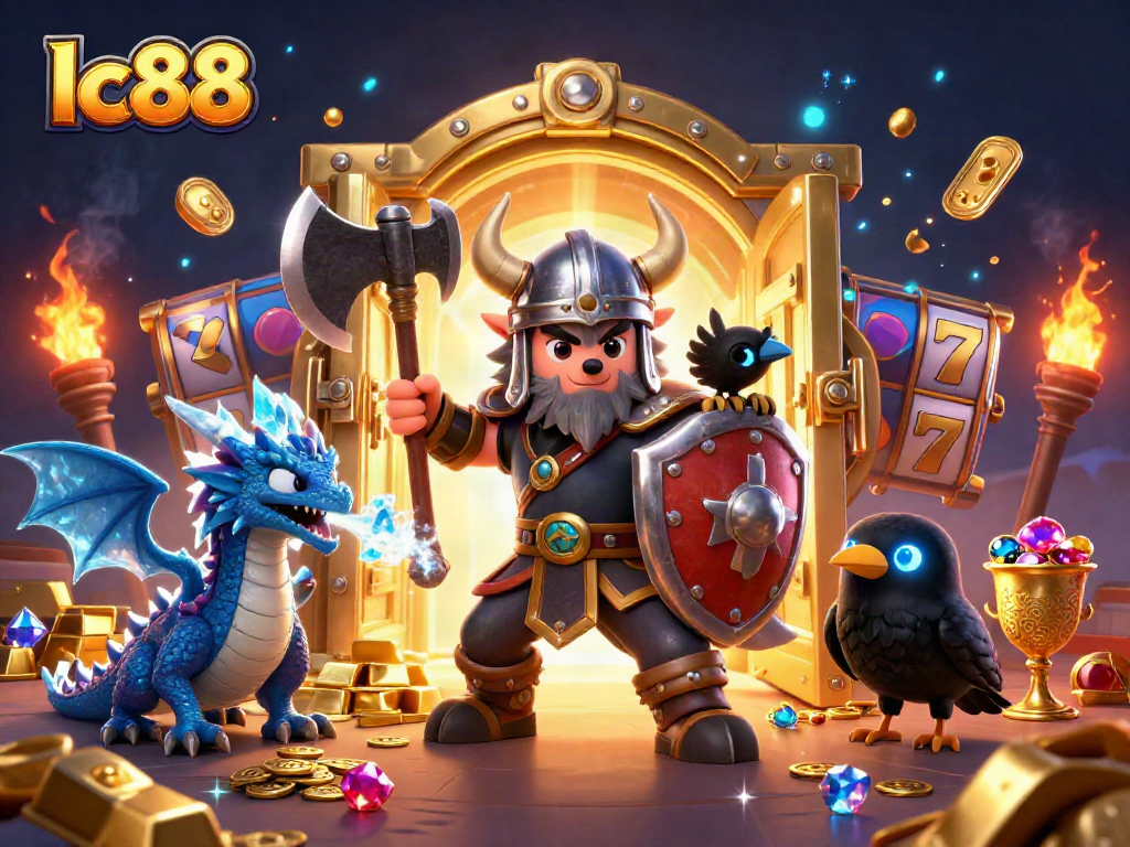 Experience the excitement of lc88 with a Viking warrior and treasures in a vibrant casino scene.