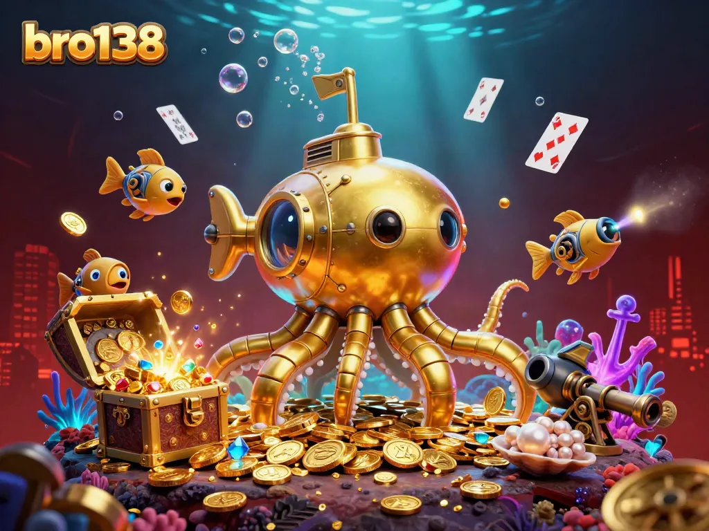 Bro138's vibrant underwater adventure showcases a golden kraken submarine amidst golden coins, embodying thrill and excitement.