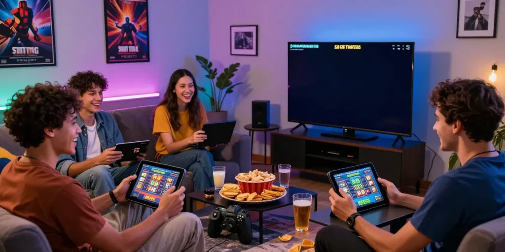 Diverse friends enjoying SLOT TOTO games in a vibrant gaming room
