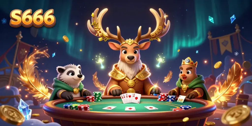 Experience thrilling gameplay at S666 with a vivid casino scene featuring a magical stag and green-cloaked badger.