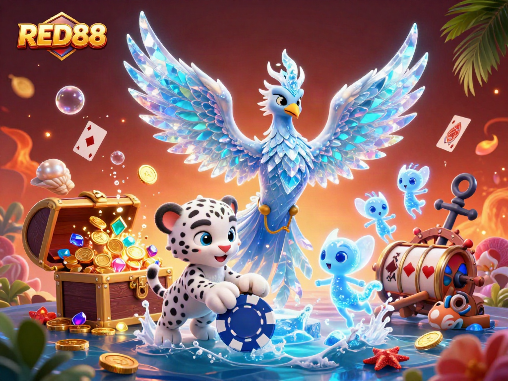 Experience thrilling moments with RED88 as colorful poker chips and cards flow through an enchanted scene.