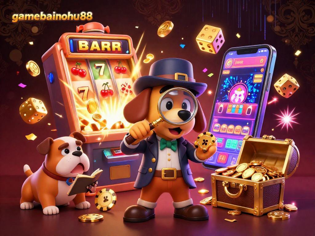 Engage in gamebainohu88, explore clues, casino treasures, and vibrant slot machine action in a thrilling illustration.