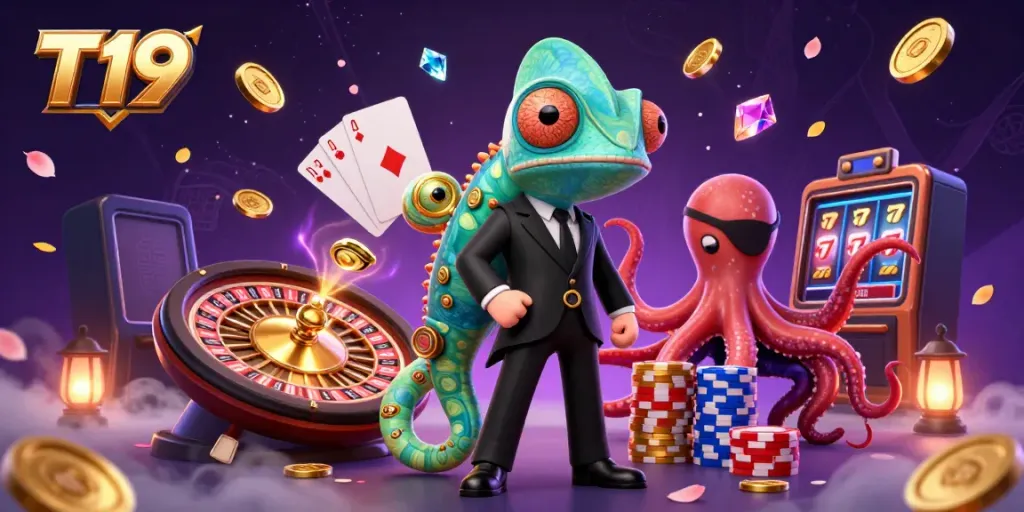 Experience the thrilling action at T19 Casino with a dynamic illustration of characters in a vibrant setting.
