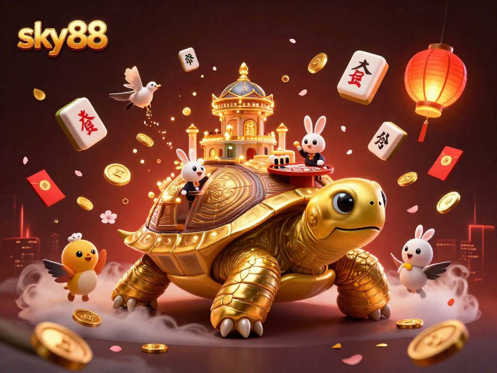 Experience thrilling gameplay at sky88 with a festive 3D casino scene featuring a golden tortoise.