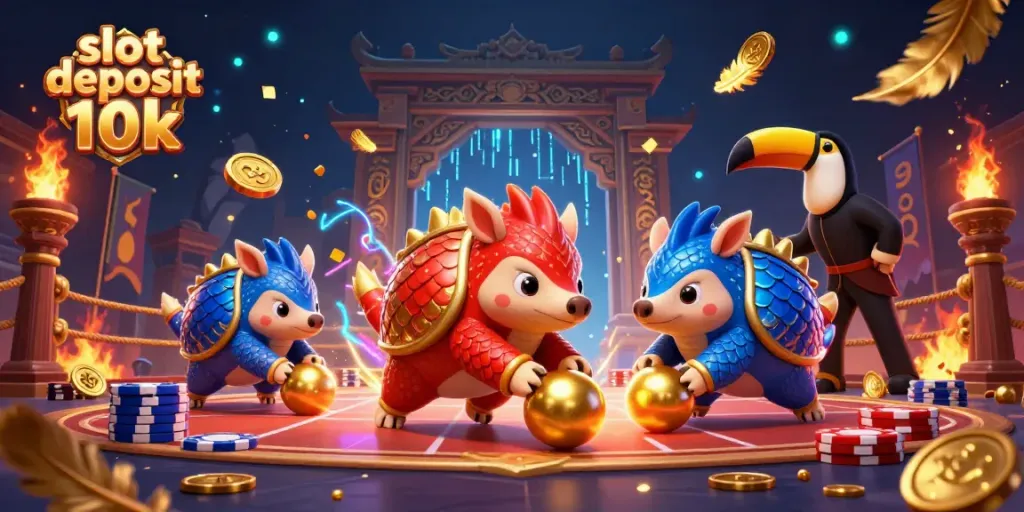 Permainan slot deposit 10k dengan dua pangolin bersaing di arena penuh warna.