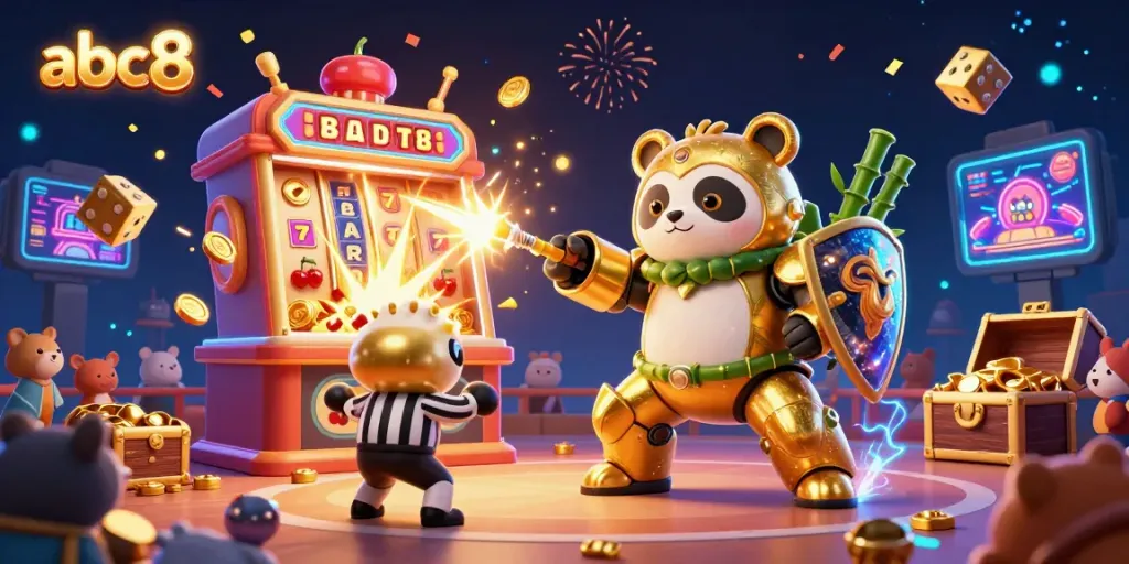 Experience the excitement of abc8 casino illustrations featuring a golden panda mech battling in a dynamic, colorful gaming arena.