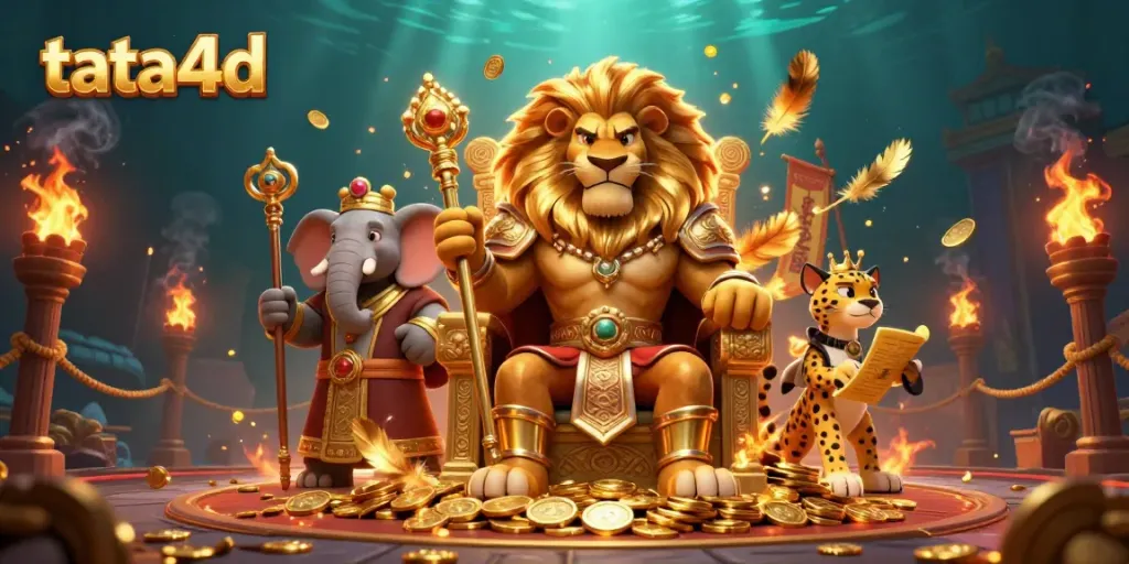Experience the thrill of tata4d in this vibrant 3D scene featuring a lion king and luxurious casino elements.