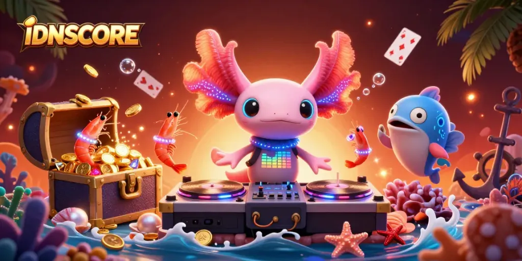 Experience gaming thrills at IDNSCORE with vibrant characters, underwater treasures, and colorful casino elements.