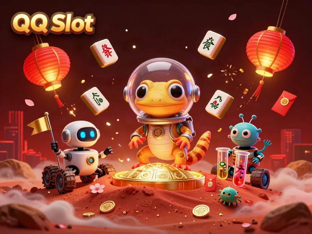 Experience the excitement of QQ Slot with a Martian gecko discovering a golden casino on Mars, surrounded by vibrant gaming symbols.