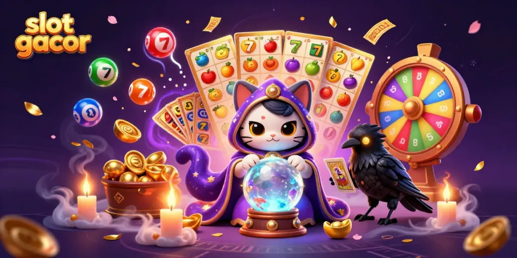 Capture the excitement of slot gacor with a vibrant 3D illustration featuring fortune teller cat and tarot raven.