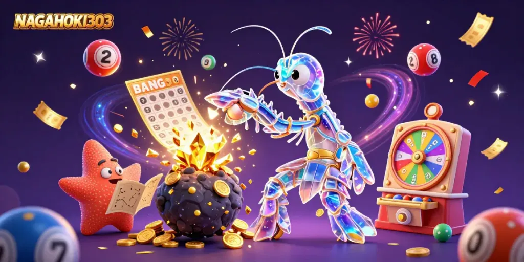 Menghadirkan NAGAHOKI303, gambarkan samurai mantis galaksi dan bintang laut dalam ilustrasi kasino 3D yang dinamis.