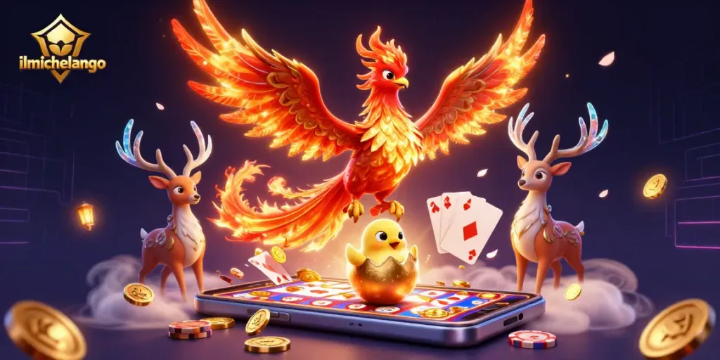 Experience exciting gaming adventures at ilmichelangelo with the fire phoenix and baby, showcasing vibrant casino elements.