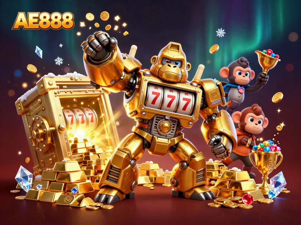 Experience an exciting AE888 jackpot with golden gorilla mech and treasure galore!