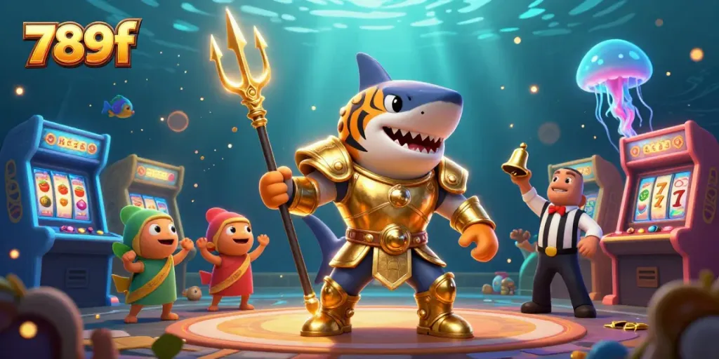 Experience the thrill of 789f casino with a vibrant underwater gaming scene featuring a gladiator shark and arcade elements.