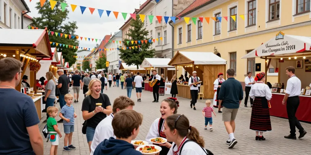 Kur pramogauti at a Lithuanian street festival with food stalls and performers.