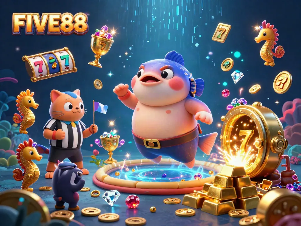 Engage with the exciting world of FIVE88's colorful casino and slot scene featuring dynamic underwater elements.