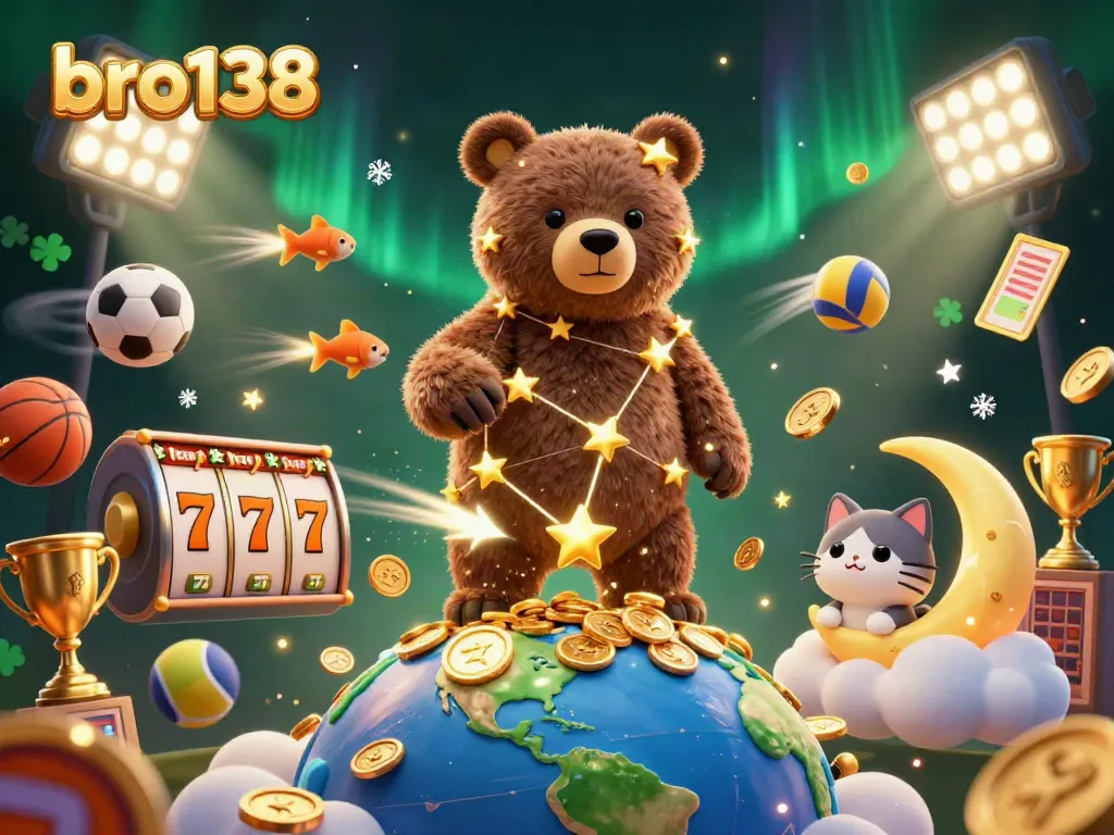 Experience thrilling wins at bro138 with this vibrant casino scene filled with stars, coins, and dynamic game elements.