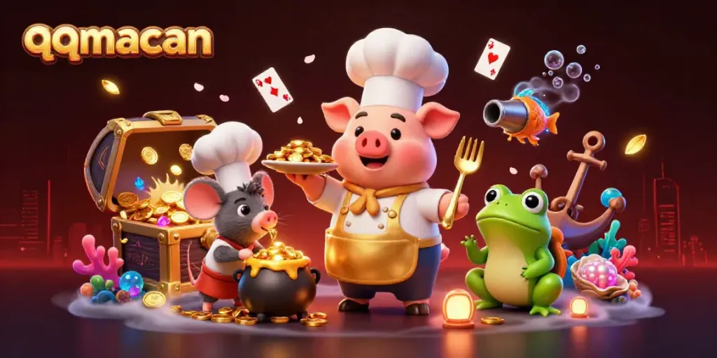 Experience thrilling gameplay with qqmacan's vibrant casino scene featuring a chef pig and golden treasures.