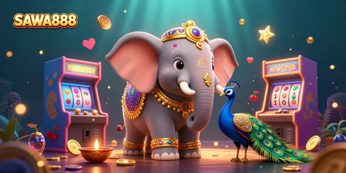 Play thrilling slots at SAWA888, surrounded by vibrant 3D characters and game elements.