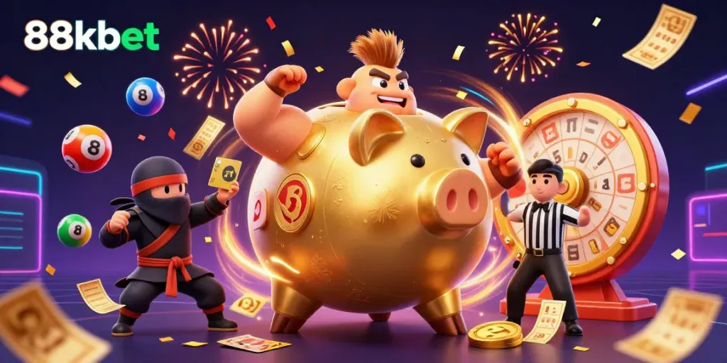 Engage with 88kbet's vibrant gaming world as a sumo wrestler piggy bank unleashes a coin storm amidst colorful lottery elements.