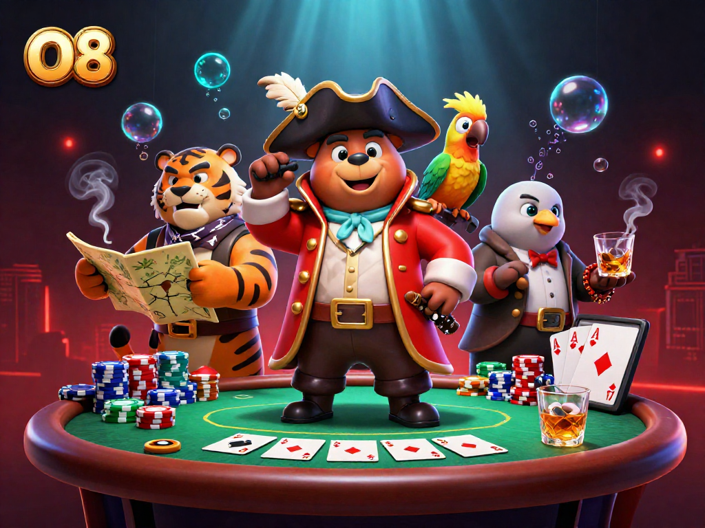 Engage with O8's thrilling poker scene featuring a pirate bear and tiger masterfully playing cards.