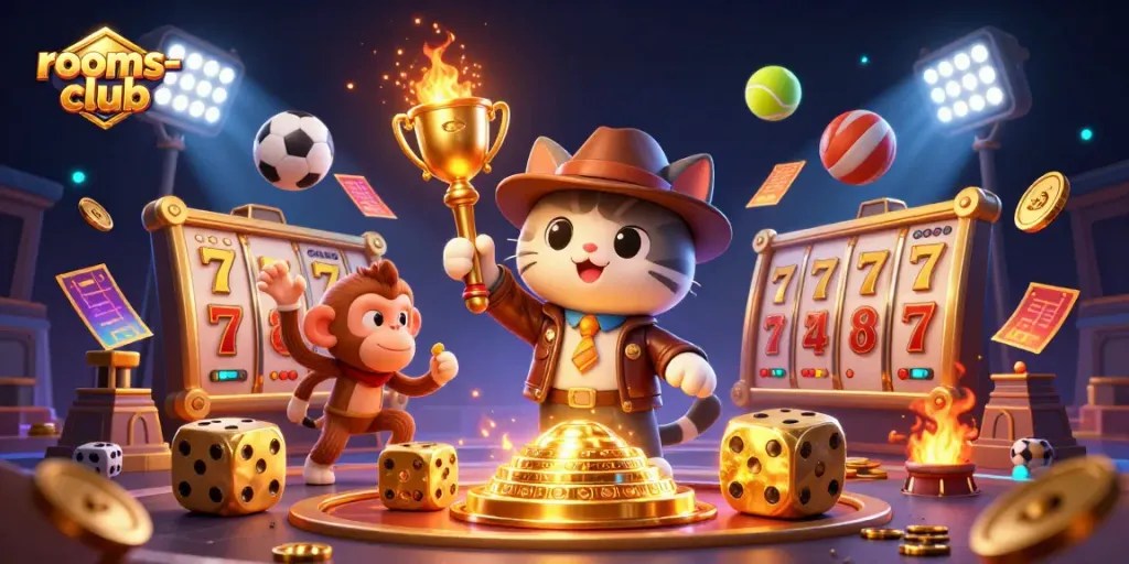 Ilustrasi 3D dari rooms-club dengan kucing petualang menemukan artefak kasino emas dalam kuil.