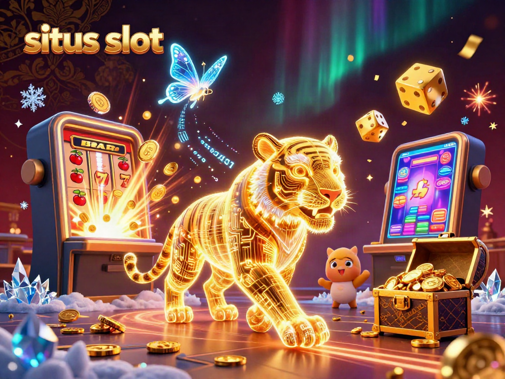 A mesmerizing scene of a situs slot theme featuring a golden tiger in a digital casino with slot machines and vibrant animations.