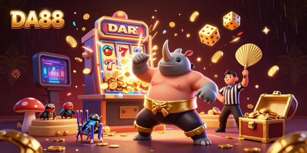 DA88's dynamic casino scene showcases a cartoon beetle sumo champion surrounded by excitement and winnings.