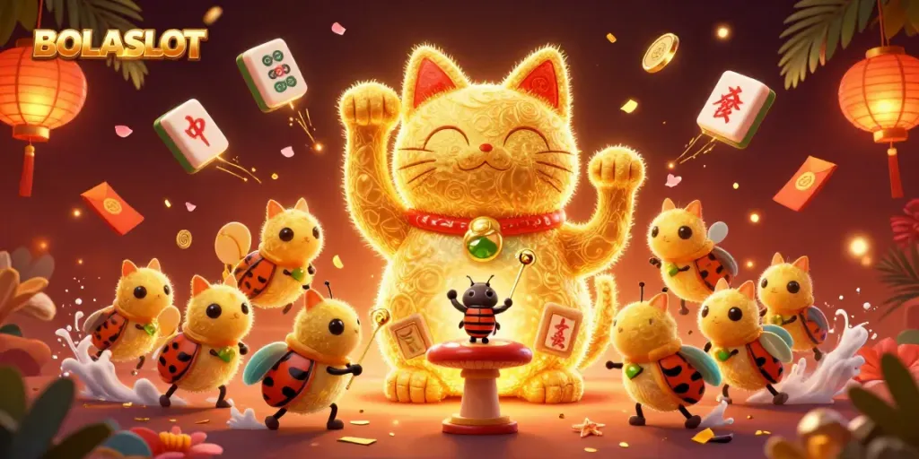 Experience the lively BOLASLOT scene with a lucky cat, fireflies, and casino elements.