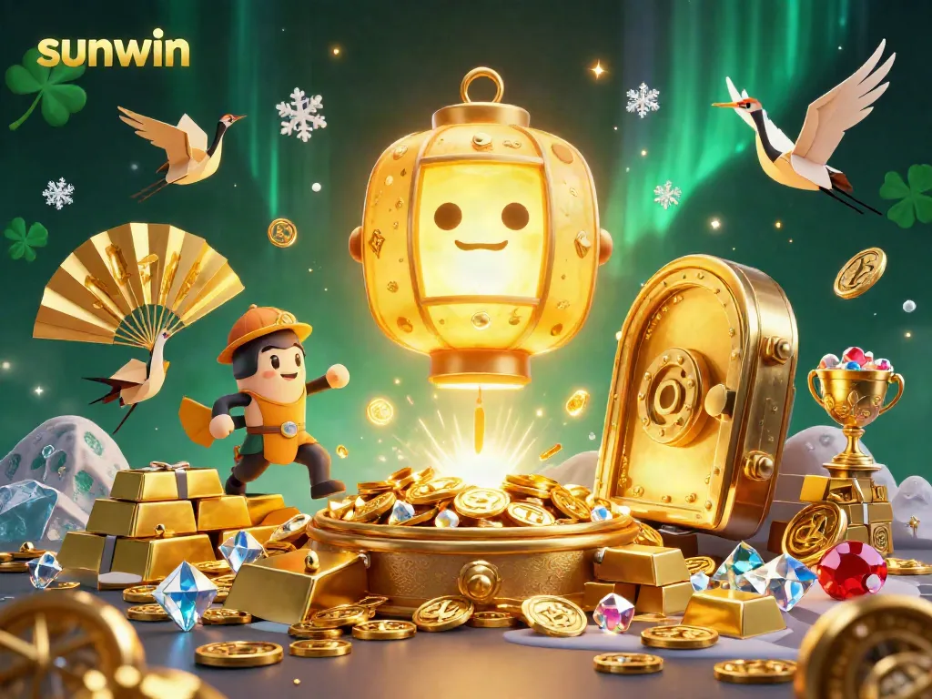 Experience the excitement of sunwin with a vibrant casino illustration featuring golden treasures and lucky spirits.