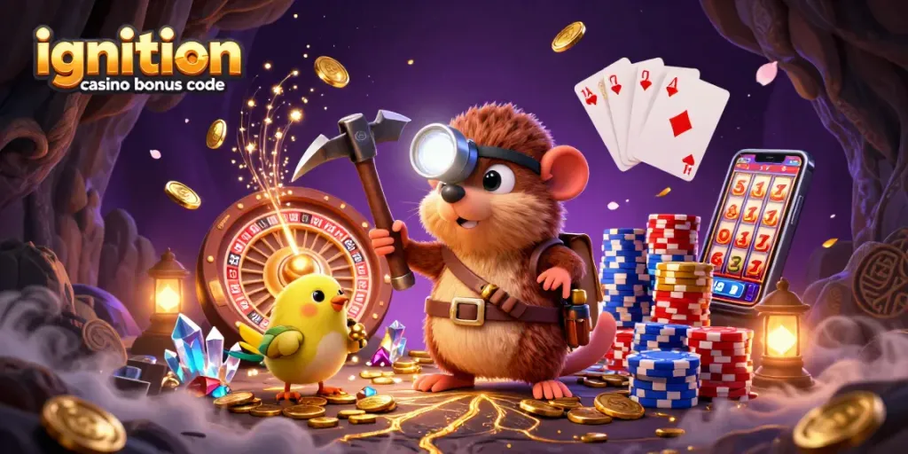 Experience the excitement of ignition casino bonus code with vibrant casino elements and characters.
