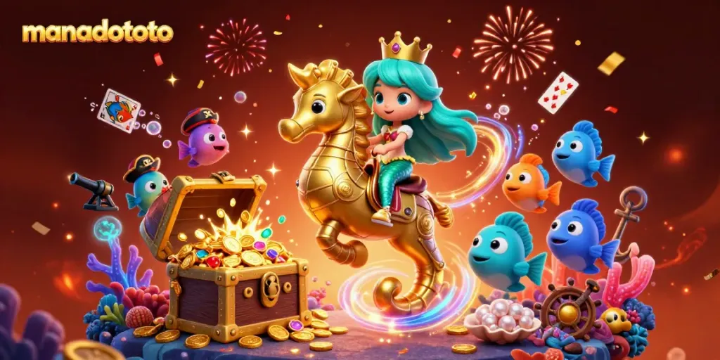 Spin and win with manadototo in a vibrant underwater casino themed illustration.