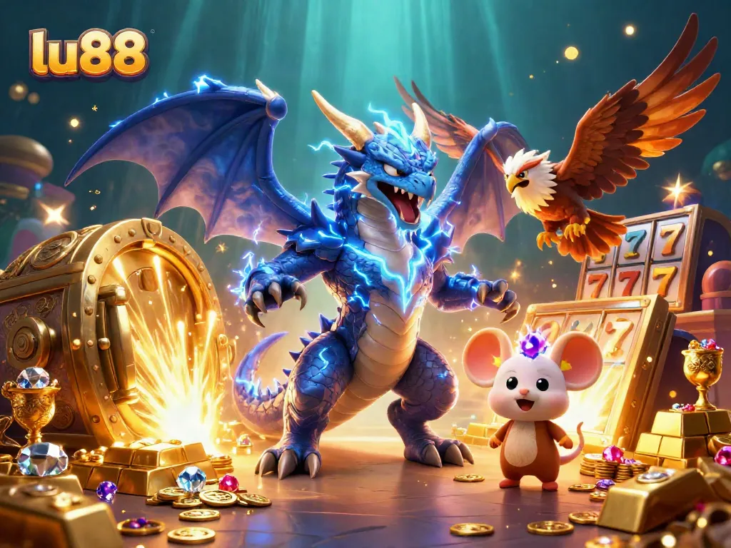 Experience thrilling gaming at lu88 with dazzling characters and sparkling treasures overflowing in a vibrant casino atmosphere.
