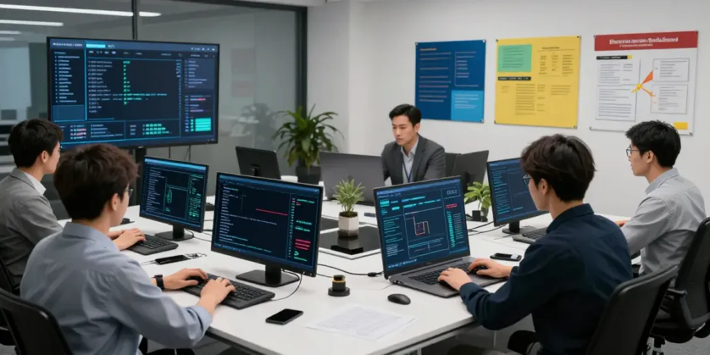 Red team assessment in a collaborative cybersecurity environment with laptops and threat data displays.