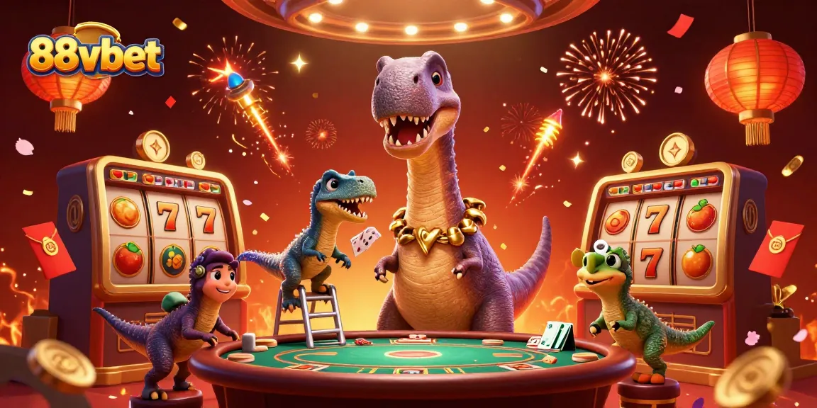88vbet lively casino scene featuring a brontosaurus and raptor amid slot game elements and celebration