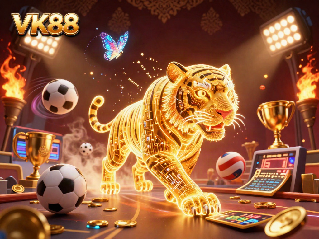 Engage with the thrilling atmosphere of VK88, where a golden tiger symbolizes winning in a dynamic casino scene.