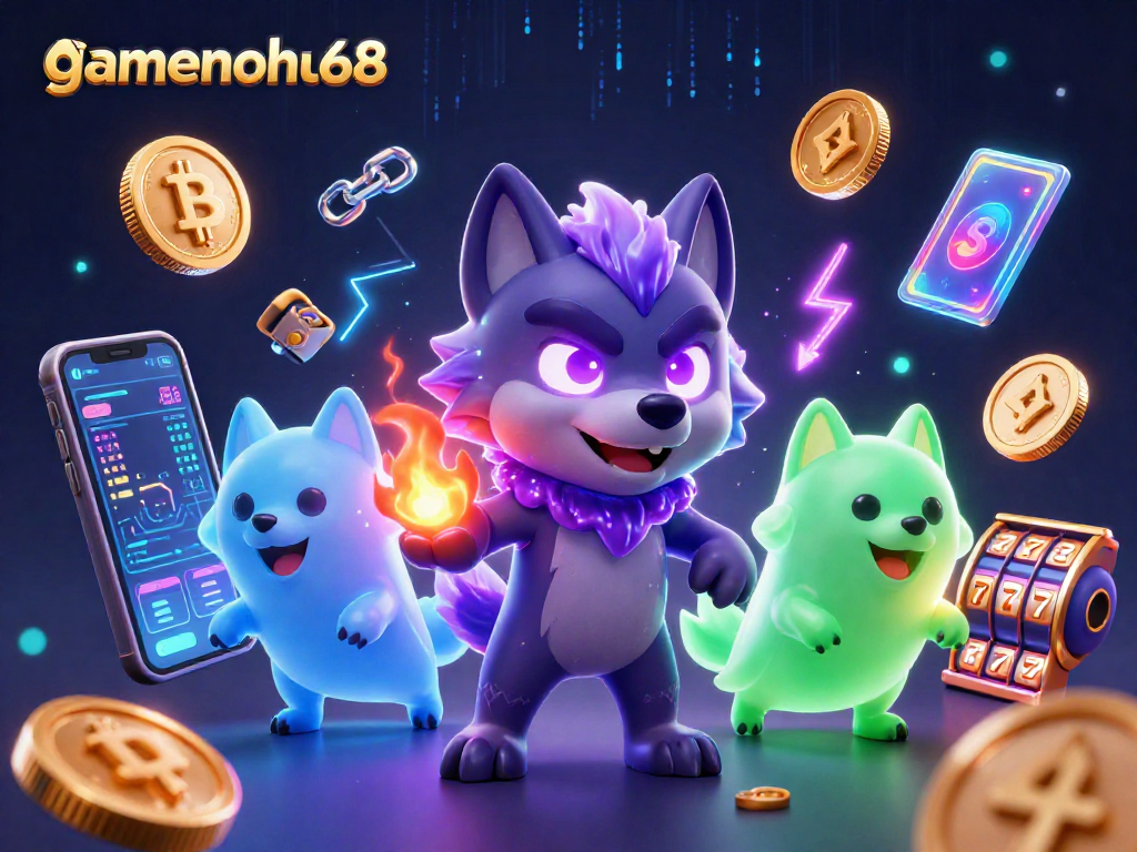 Experience gamenohu68 with a thrilling wolf pack leader surrounded by crypto and slot elements.