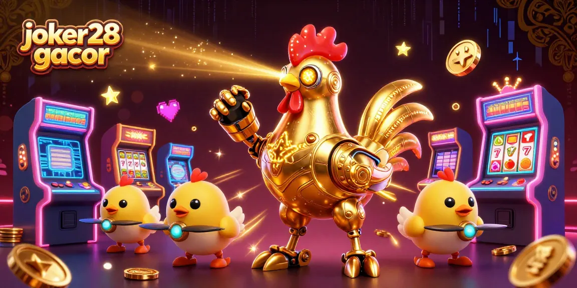 Mainkan joker28 gacor dengan suasana kasino yang penuh warna, slot, dan robot ayam emas.