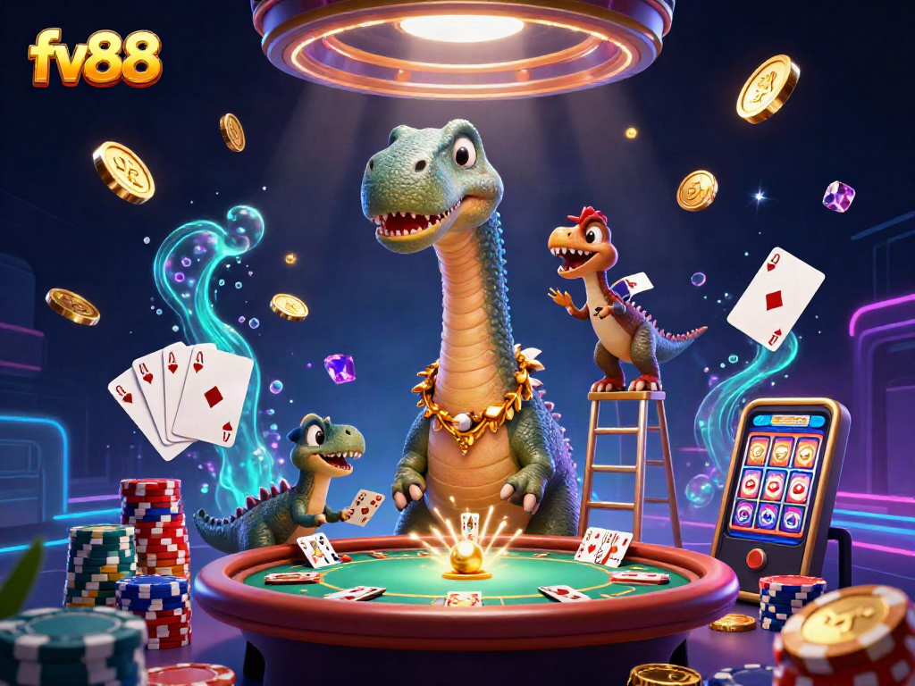Experience thrilling gameplay with fv88 as a brontosaurus engages in casino fun, surrounded by vibrant game elements.