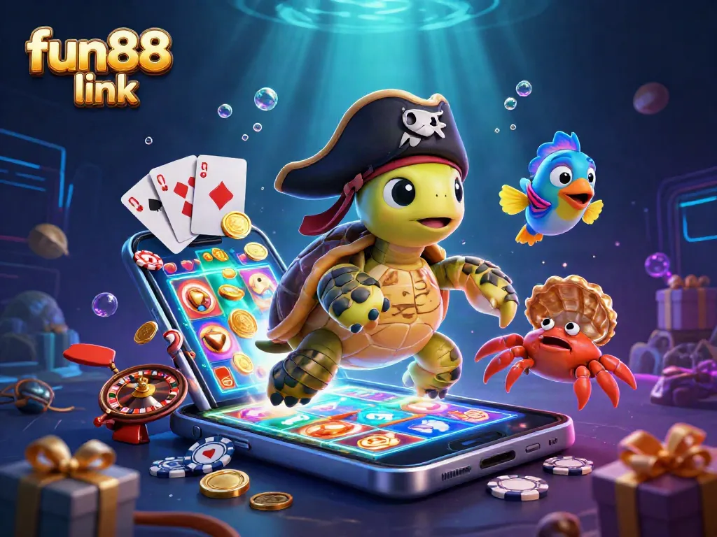 Play slots and win big with fun88 link in this vibrant 3D casino scene.