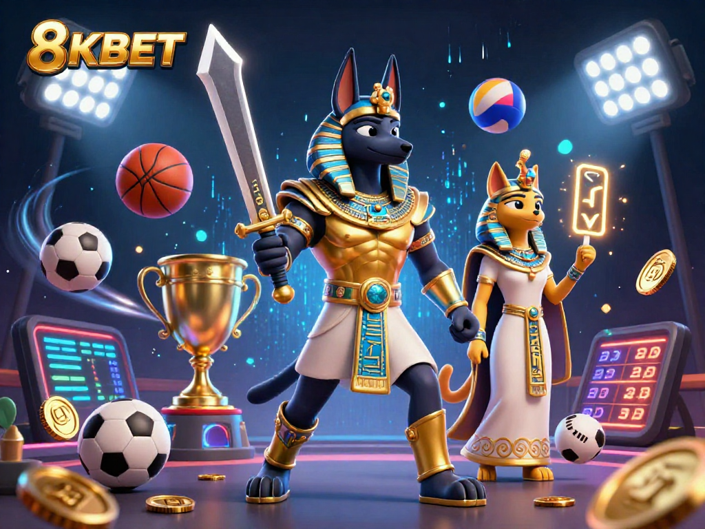 Bet on thrilling action at 8KBET with a vibrant illustration of Anubis and Bastet in a dynamic betting scene.