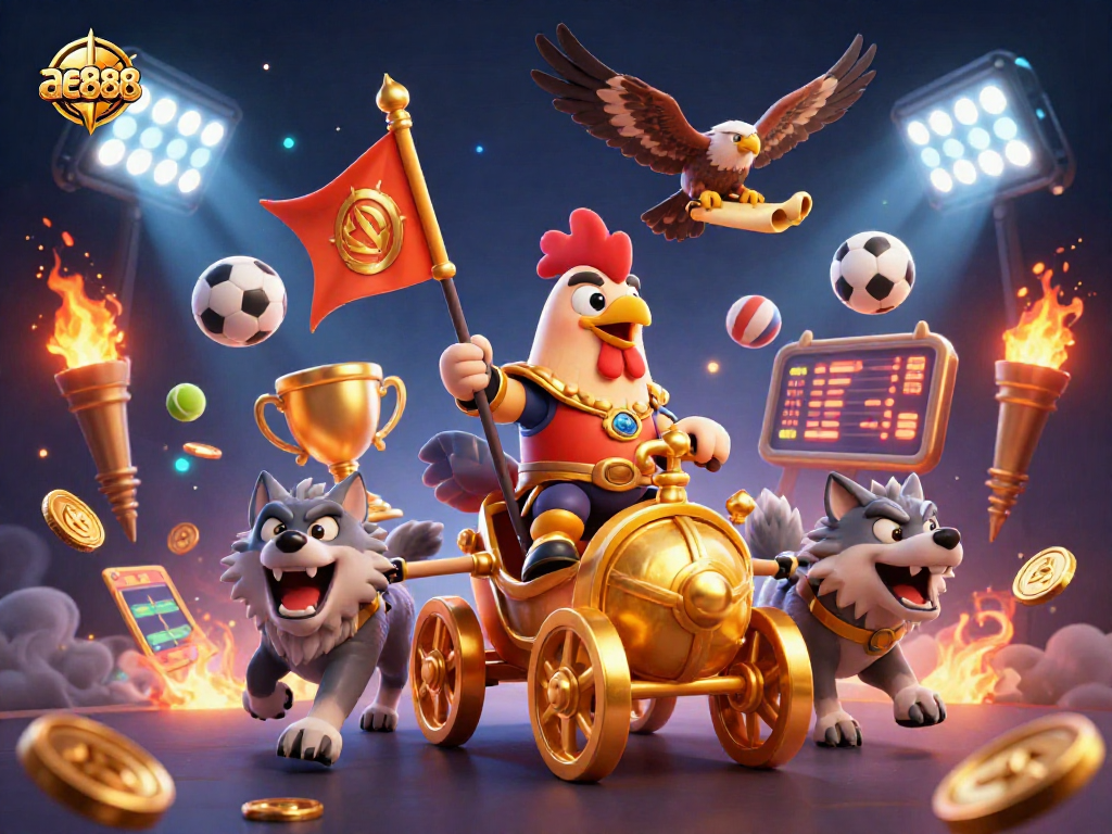 Join the ae888 action with a cartoon rooster warlord leading epic sports battles in this vibrant 3D illustration.